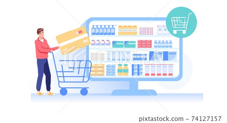 Flat cartoon character orders,buys goods,online pharmacy,telemedicine vector illustration concept Flat cartoon character orders,buys goods,online pharmacy,telemedicine vector illustration concept 74127157