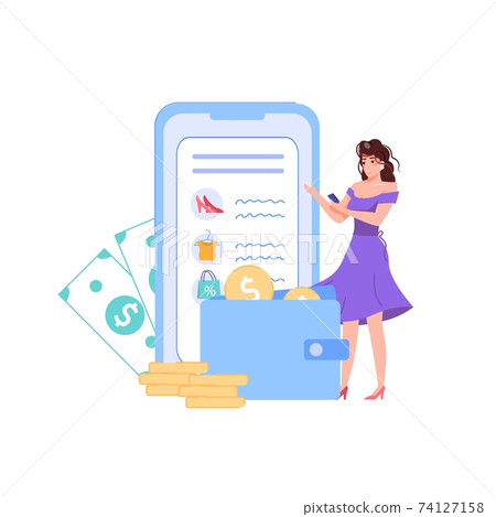 Flat cartoon woman character personal budget finance management plan,vector illustration concept 74127158