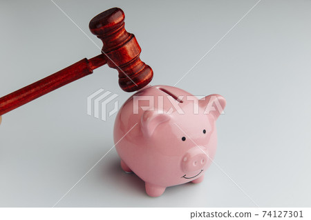 Wooden gavel and pink piggy bank on a white background 74127301