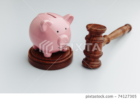 Judge wooden gavel and pink piggy bank on a white table Judge wooden gavel and pink piggy bank on a white table 74127305