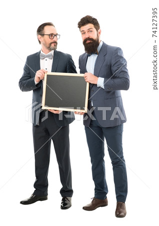 welcome on board. bearded men hold advertisement blackboard. welcome on board. bearded men hold advertisement blackboard. 74127395