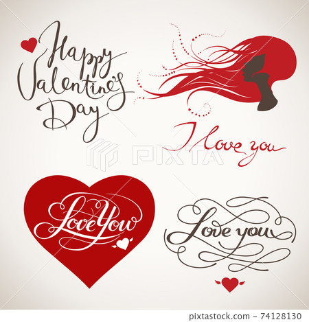 Valentine's day heart, lettering and woman in love elements. 74128130