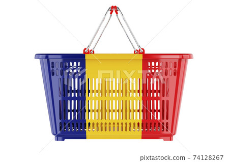 Shopping basket with Romanian flag, market basket or purchasing power concept. 3D rendering 74128267