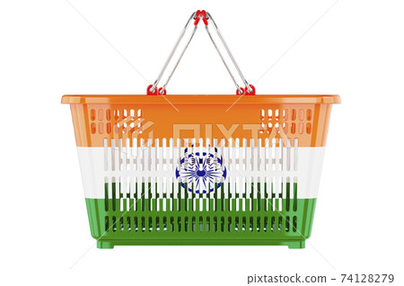 Shopping basket with Indian flag, market basket or purchasing power concept. 3D rendering Shopping basket with Indian flag, market basket or purchasing power concept. 3D rendering 74128279