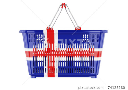 Shopping basket with Icelandic flag, market basket or purchasing power concept. 3D rendering Shopping basket with Icelandic flag, market basket or purchasing power concept. 3D rendering 74128280
