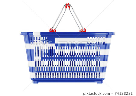 Shopping basket with Greek flag, market basket or purchasing power concept. 3D rendering Shopping basket with Greek flag, market basket or purchasing power concept. 3D rendering 74128281