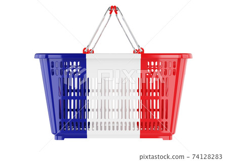 Shopping basket with French flag, market basket or purchasing power concept. 3D rendering Shopping basket with French flag, market basket or purchasing power concept. 3D rendering 74128283