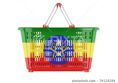 Shopping basket with Ethiopian flag, market basket or purchasing power concept. 3D rendering Shopping basket with Ethiopian flag, market basket or purchasing power concept. 3D rendering 74128284