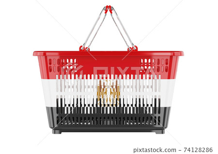 Shopping basket with Egyptian flag, market basket or purchasing power concept. 3D rendering Shopping basket with Egyptian flag, market basket or purchasing power concept. 3D rendering 74128286