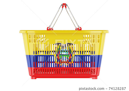 Shopping basket with Ecuadorian flag, market basket or purchasing power concept. 3D rendering Shopping basket with Ecuadorian flag, market basket or purchasing power concept. 3D rendering 74128287