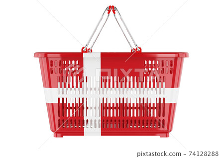 Shopping basket with Danish flag, market basket or purchasing power concept. 3D rendering Shopping basket with Danish flag, market basket or purchasing power concept. 3D rendering 74128288