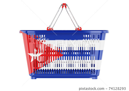 Shopping basket with Cuban flag, market basket or purchasing power concept. 3D rendering Shopping basket with Cuban flag, market basket or purchasing power concept. 3D rendering 74128293