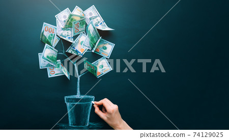 Hand drawing money tree made by us dollar bills. Business, saving, growth, economic concept Hand drawing money tree made by us dollar bills. Business, saving, growth, economic concept 74129025