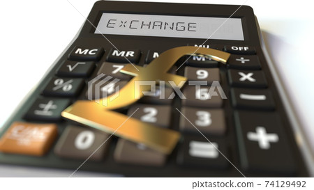 Pound money symbol on the keys and EXCHANGE text on calculator display, conceptual 3d rendering 74129492