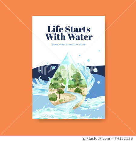 Poster template with world water day concept design for advertise and marketing watercolor vector illustration 74132182