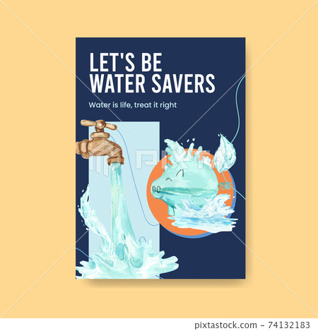 Poster template with world water day concept design for advertise and marketing watercolor vector illustration 74132183