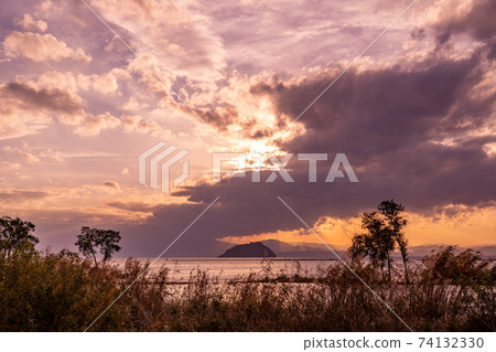 Evening view of Lake Biwa from Kohoku Wild Bird Center, Nagahama City, Shiga Prefecture 74132330