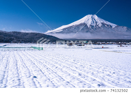 《山梨縣》富士山的雪原和忍野村在新鮮的雪中 《山梨縣》富士山的雪原和忍野村在新鮮的雪中 74132502