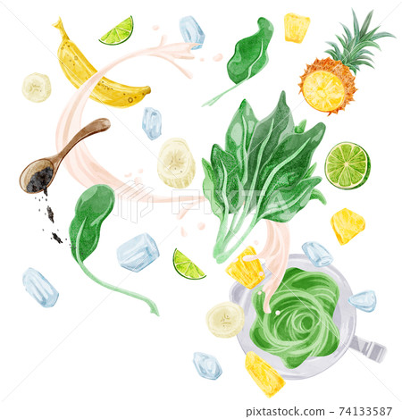 綠色冰沙素材手繪水彩風格插畫 74133587