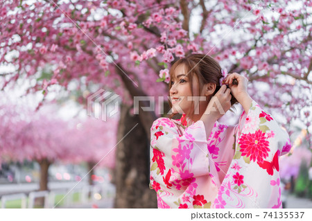 woman in yukata (kimono dress) looking sakura flower or cherry blossom blooming in garden 74135537