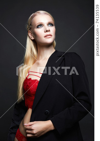 Fashionable beautiful girl with Blond Hair weared red underwear 74135539