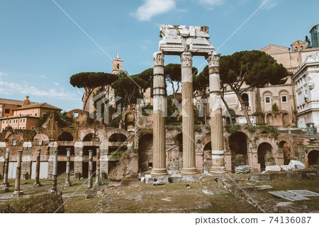 Panoramic view of temple of Venus Genetrix is ruined temple and forum of Caesar 74136087