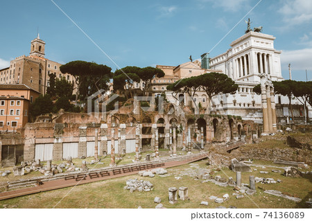 Panoramic view of temple of Venus Genetrix is ruined temple and forum of Caes 74136089