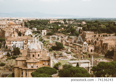 Panoramic view of city Rome with Roman forum and Colosseum from Vittoriano Panoramic view of city Rome with Roman forum and Colosseum from Vittoriano 74136243