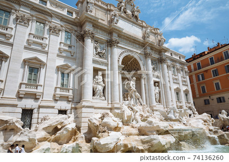 Panoramic view of Trevi Fountain in the Trevi district in Rome, Italy 74136260