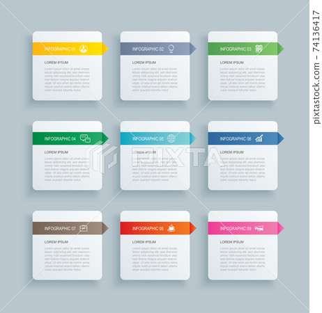 Infographics rectangle paper index with 9 data template. Vector illustration abstract background. Can be used for workflow layout, business step, banner, web design. 74136417