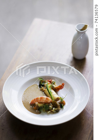 prawns with roast vegetables and soy cream sauce prawns with roast vegetables and soy cream sauce 74136579