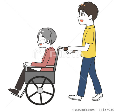 坐在輪椅上的老婦，男性照顧者，微笑，側身 74137930