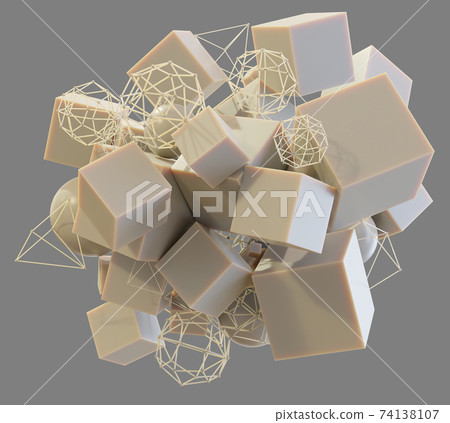 Abstract art of cubes, spheres and wireframe objects 74138107