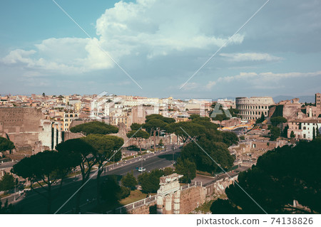 Panoramic view of city Rome with Roman forum and Colosseum from Vittoriano Panoramic view of city Rome with Roman forum and Colosseum from Vittoriano 74138826
