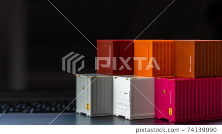 Global business container cargo ship in import export business logistic, Company shipping delivery and logistics technology business industrial, Container on computer laptop notebook selective focus. 74139090