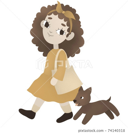 Beautiful girl walking with dog. Dog sitter or pet care concept.  74140318