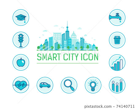 Smart city info. Modern blue city. Vector infographics filled linear icon 74140711