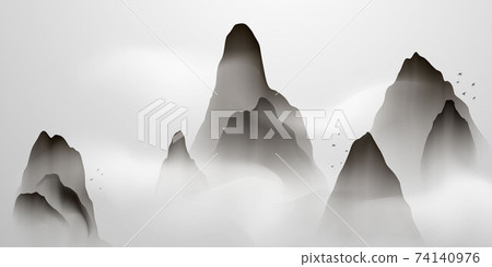 Chinese ink and water landscape painting Happy chinese new year banner card 74140976