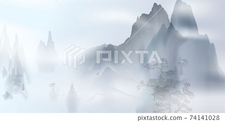 Chinese ink and water landscape painting Happy chinese new year banner card Chinese ink and water landscape painting Happy chinese new year banner card 74141028