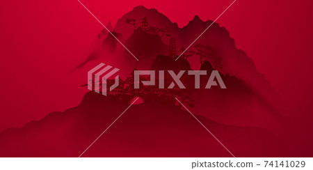 Chinese ink and water landscape painting Happy chinese new year banner card Chinese ink and water landscape painting Happy chinese new year banner card 74141029