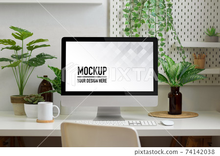 Biophilia workspace in home office room with computer, supplies and plants house Biophilia workspace in home office room with computer, supplies and plants house 74142038