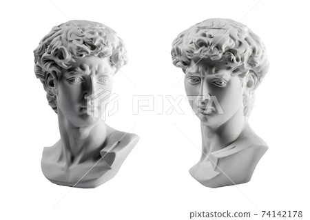 Gypsum statue of David's head. Michelangelo's David statue plaster copy isolated on white background. Ancient greek sculpture, statue of hero Gypsum statue of David's head. Michelangelo's David statue plaster copy isolated on white background. Ancient greek sculpture, statue of hero 74142178