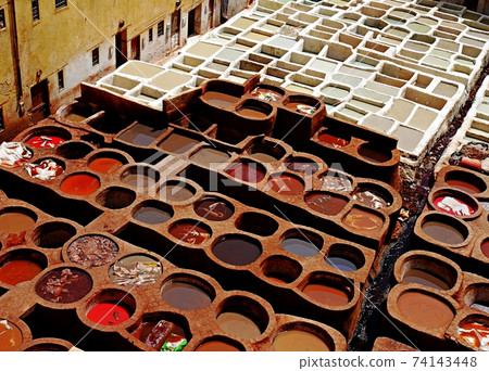 close-up of handmade leather Tannery in Fez, Morocco close-up of handmade leather Tannery in Fez, Morocco 74143448
