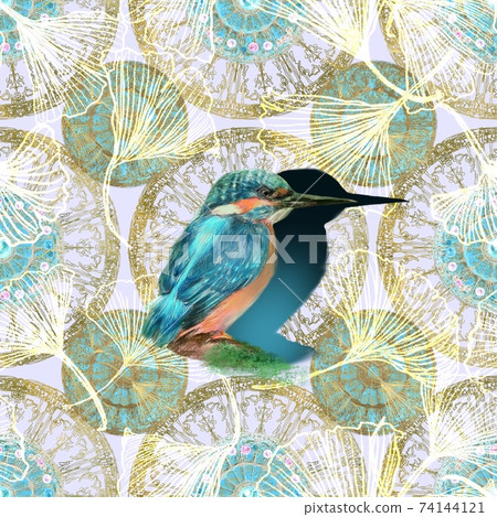 Pattern illustration with blue shining jewel-like feathered kingfisher and Greek relief and jewels 74144121