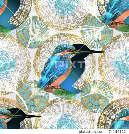 Pattern illustration with blue shining jewel-like feathered kingfisher and Greek relief and jewels Pattern illustration with blue shining jewel-like feathered kingfisher and Greek relief and jewels 74144122
