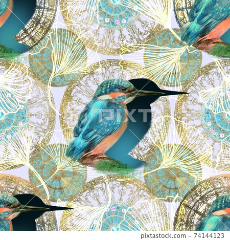 Pattern illustration with blue shining jewel-like feathered kingfisher and Greek relief and jewels 74144123