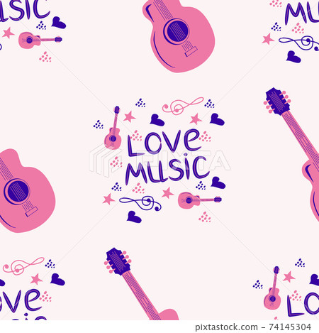 Love music seamless pattern with country guitar, music notes, treble clef, hearts, decorative elements. 74145304