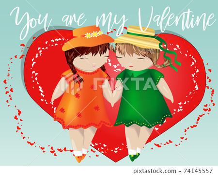 Happy valentine's day. A pair of girls on the background of the heart. The concept of same-sex lesbian love, a pair of women 74145557