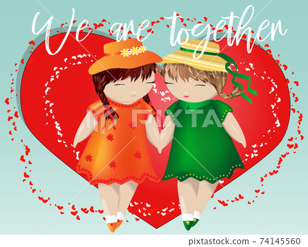 Happy valentine's day. A pair of girls on the background of the heart. The concept of same-sex lesbian love, a pair of women Happy valentine's day. A pair of girls on the background of the heart. The concept of same-sex lesbian love, a pair of women 74145560