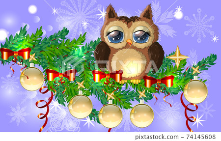 Greeting Christmas card Cute Cartoon Owl with Christmas tree on a blue background Greeting Christmas card Cute Cartoon Owl with Christmas tree on a blue background 74145608